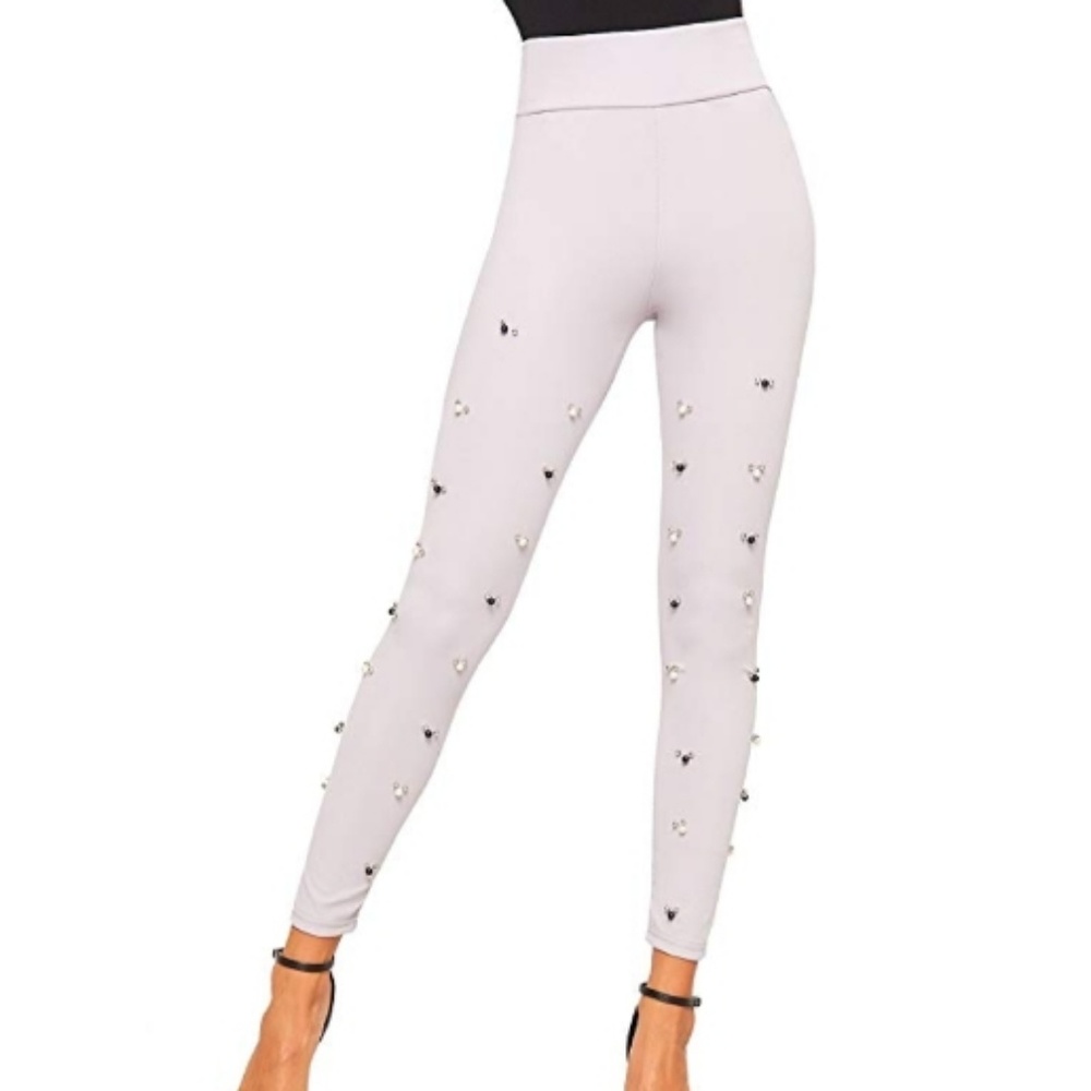 Fashion design pearl embellished leggings gray